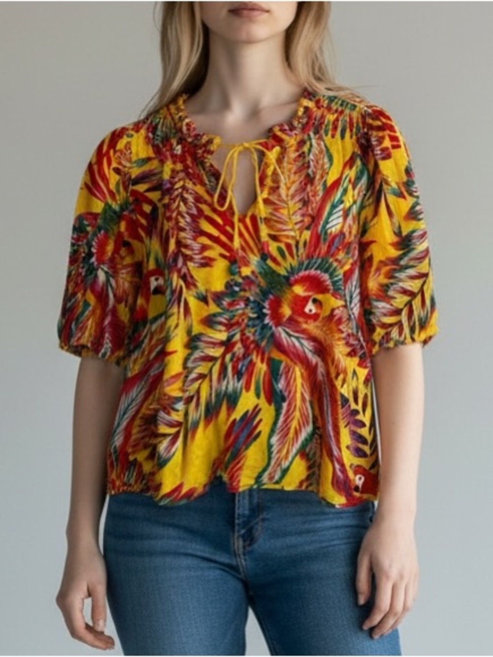 Rachel Zoe Tropical Floral Bird Print Beaded Tassel Blouse Large